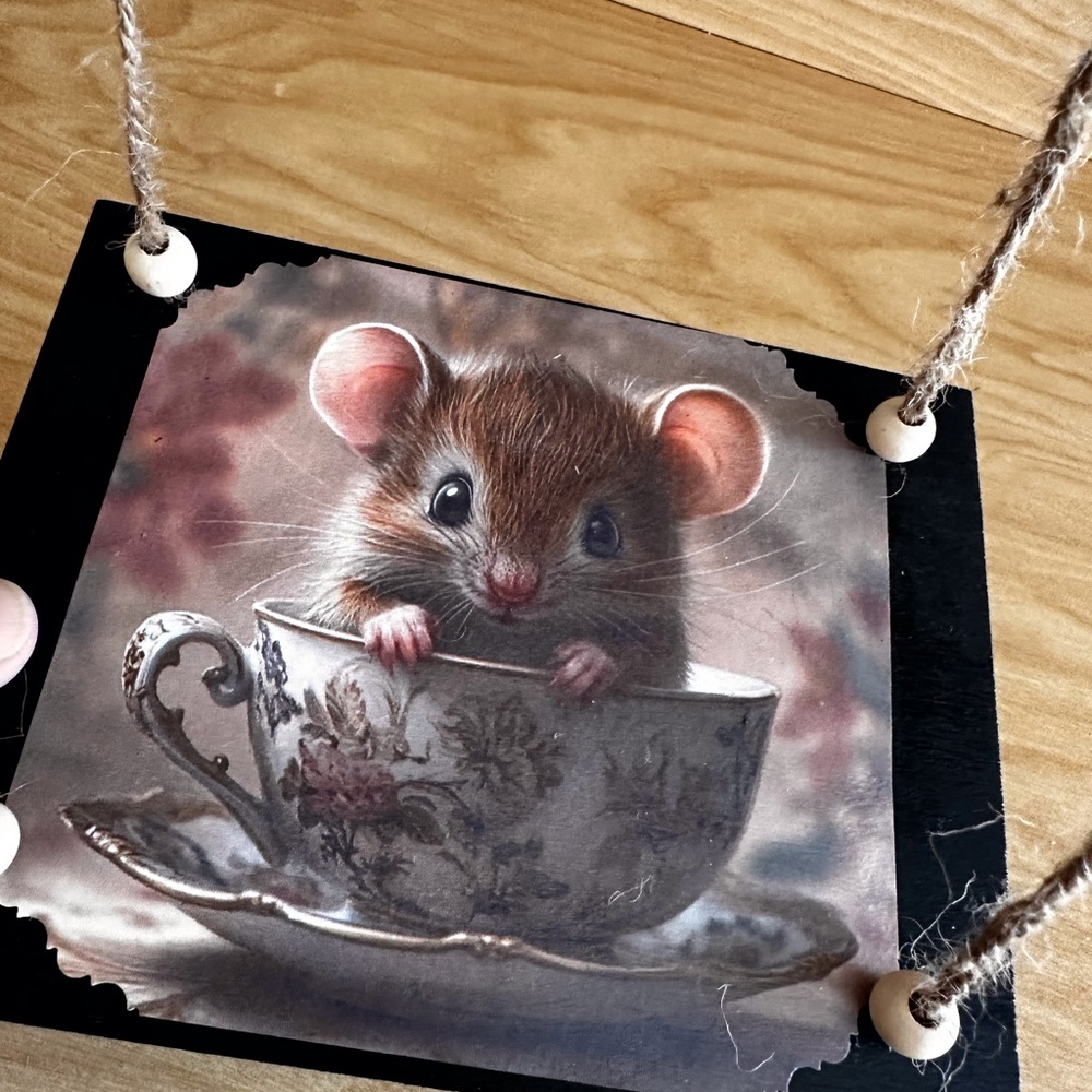 Hand crafted hanging floating shelf with mouse in teacup rustic rope wall shelf